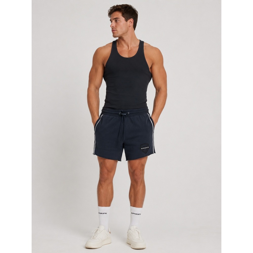 NWT Alphalete Mens Varsity Shorts Blue White Raw Hem Small New